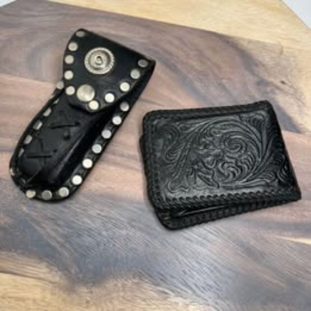 VTG Western Hand Tooled Black Leather Bifold Wallet & Studded Concho Belt Pouch